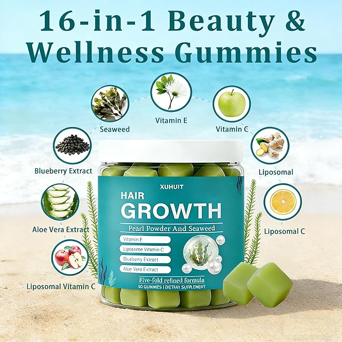 Seaweed Hair Growth Gummies - Supports Faster Hair Growth Stronger Nails &amp Glowing Skin with Pearl Powder Liposomal Vitamin C Vitamin E &amp Aloe Vera - 5X Refined Formula 60 Count for Women