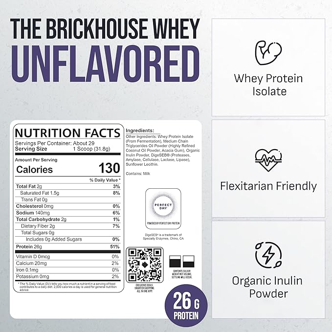 BRICKHOUSE NUTRITION Whey Protein | Fermented Whey Isolate Protein Powder | Lactose-Free Post-Workout Recovery Powder - Unflavored (1-Pack)
