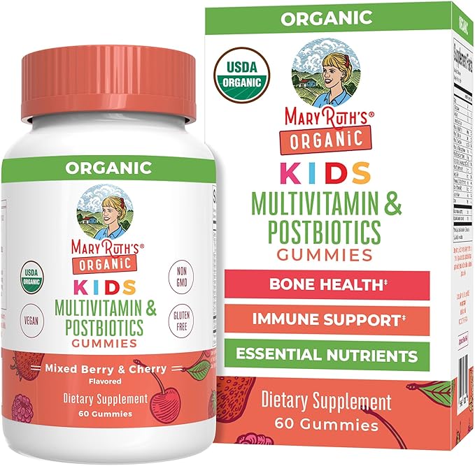 Kids Vitamins by MaryRuth's | USDA Organic | Multivitamin Gummies + Postbiotics for Ages 4+ | Multivitamin for Kids with Lactobacillus Rhamnosus | Children’s Vitamins | Vegan | Non-GMO | 60 Count