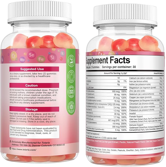 Totaria Sugar Free Multivitamin Gummies for Women 14+ w/Iron Inositol Folate Biotin Womens Daily Multivitamin Gummy w/Vitamin A C B D3 K2 for Hair Skin Energy Immune Peach Flavor
