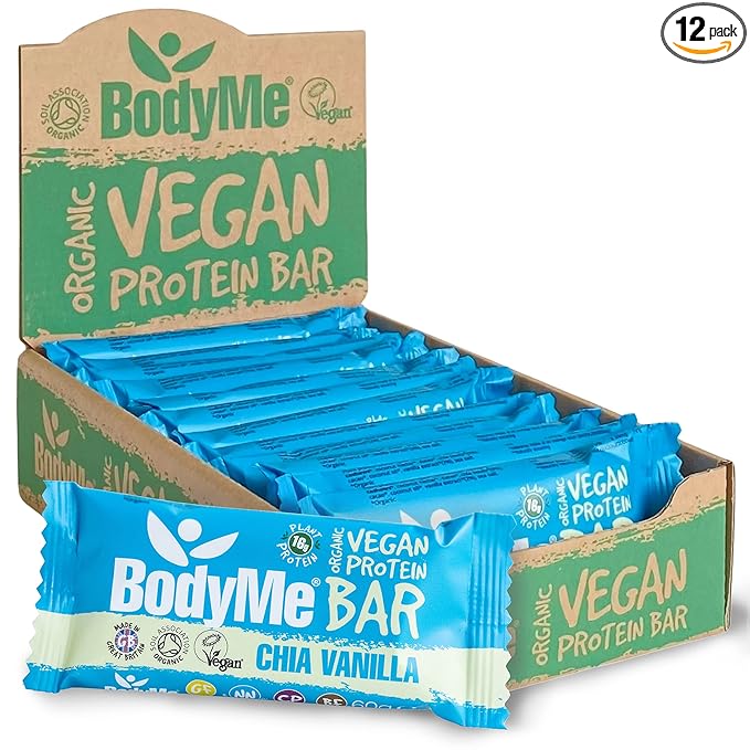 BodyMe Organic Vegan Protein Bar | Raw Chia Vanilla | Box of 12 x 2.12oz (60g) | With 3 Plant Proteins