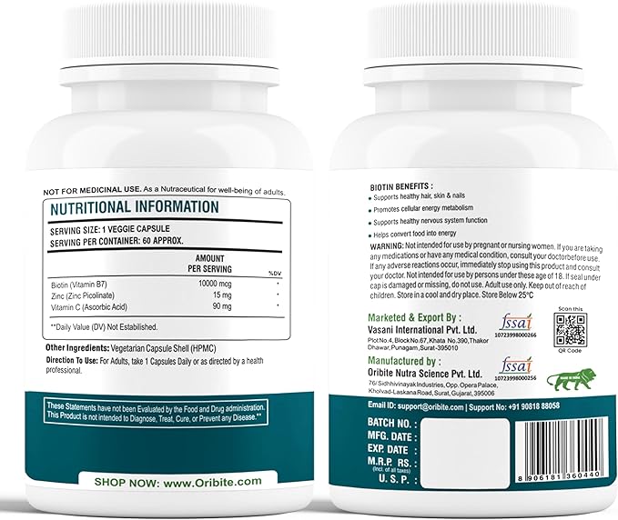 Biotin 10000 mcg with Zinc &amp Vitamin C – Hair Skin &amp Nail Support – Vegetarian Non-GMO &amp Gluten-Free Supplement – 60 Capsules