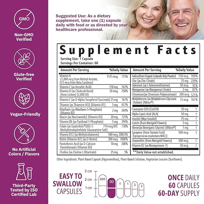 Just One Daily Methylated Multivitamin with Methyl B12 Quatrefolic Methylfolate Pure MTHFR Supplement for Men and Women Without Iron 2 Bottles (60 Vegan Capsules) USA-Made