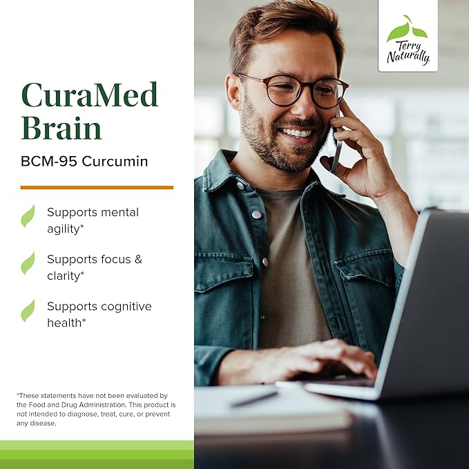 Terry Naturally Curamed Brain - 60 Softgels - BCM-95 Curcumin &amp Vitamin D3 Supplement Supports Brain Health Mental Clarity &amp Focus - Non-GMO Gluten-Free - 30 Servings