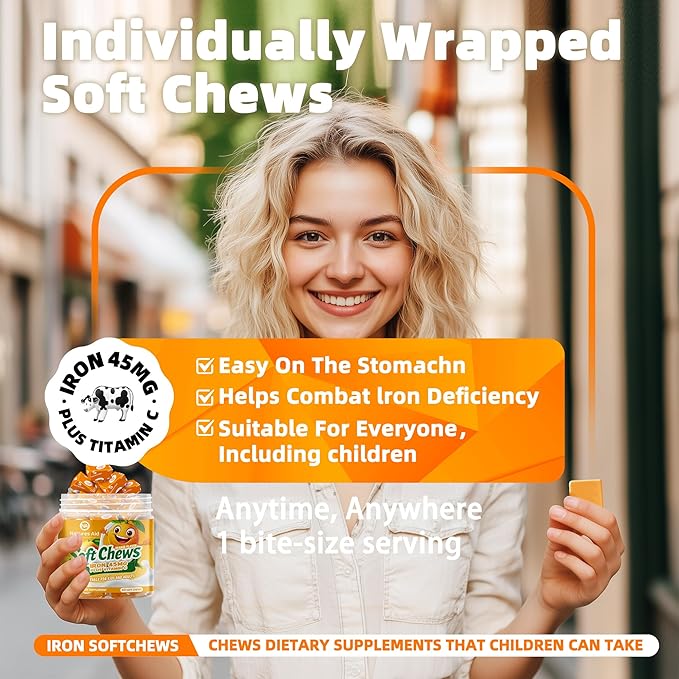 Chewable Iron Supplement for Women &amp Men and Kids - Orange Flavor Iron Vitamin C Soft Chew for Max Absorption Iron as Ferrous Fumarate Ideal for Iron Deficiency 2 Month Supply