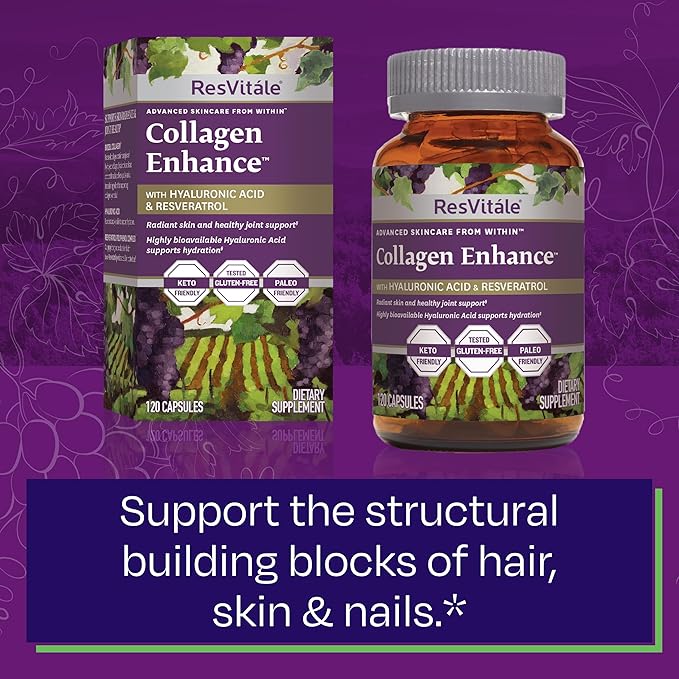 ResVitále Collagen Enhance - Beauty Supplement with Hyaluronic Acid &amp Resveratrol - 120 Capsules