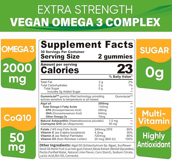 Sugar Free Omega 3 Fatty Acid 2000mg With 640mg DHA &amp 290mg EPA Multivitamin CoQ10 Astaxanthin + Ginger Filled Gummies for Nausea - Stomach Relief - Ultra Absorption for Digestive Support