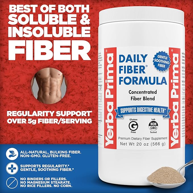 Yerba Prima Daily Fiber Formula - 20 oz Powder (Pack of 2) - Unflavored Concentrated Blend of Soluble/Insoluble Psyllium Seed Husks Acacia Gum Apple Fiber Supplement - Regularity Colon Cleanser