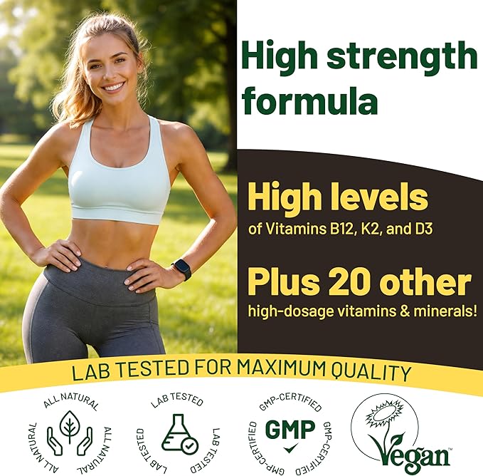 Vegan Vitality Multivitamins &amp Minerals for Women and Men with High Strength Vitamin B12 D3 &amp K2. 180 Vegan Multivitamin Tablets - 6 Months Supply. Vitamins for Vegans. Women Multivitamin