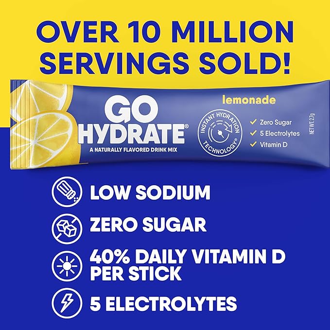 GoHydrate Low Sodium Electrolytes Powder Packets Sugar Free - Instant Hydration Daily Drink Mix - Zero Sugar Water Flavor Packet Singles with Vitamin D - (Lemonade 30 Packs)