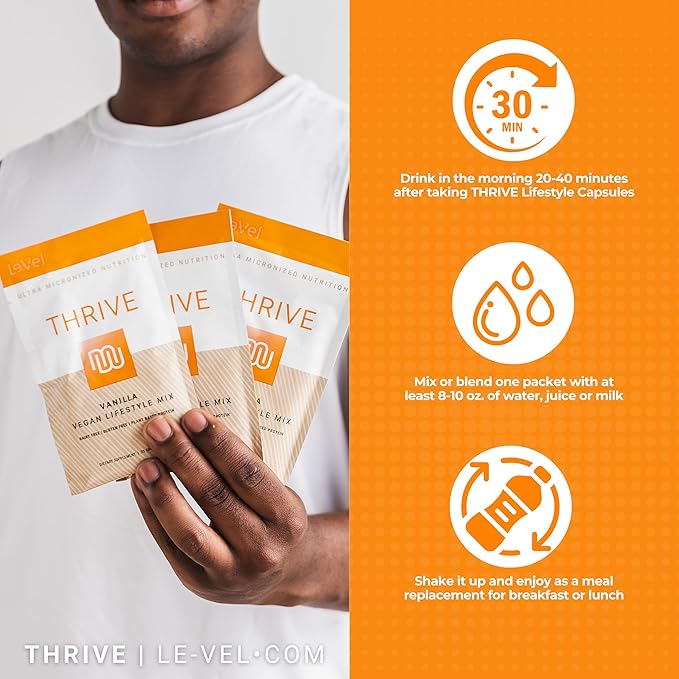 Le-Vel Thrive Vegan Protein Shake | 16 Packets 35g | Gluten-Free Plant-Based Protein with Probiotics Fiber &amp Enzymes | Supports Lean Muscle &amp Digestive Health (16 Packets (Pack of 1) Vanill