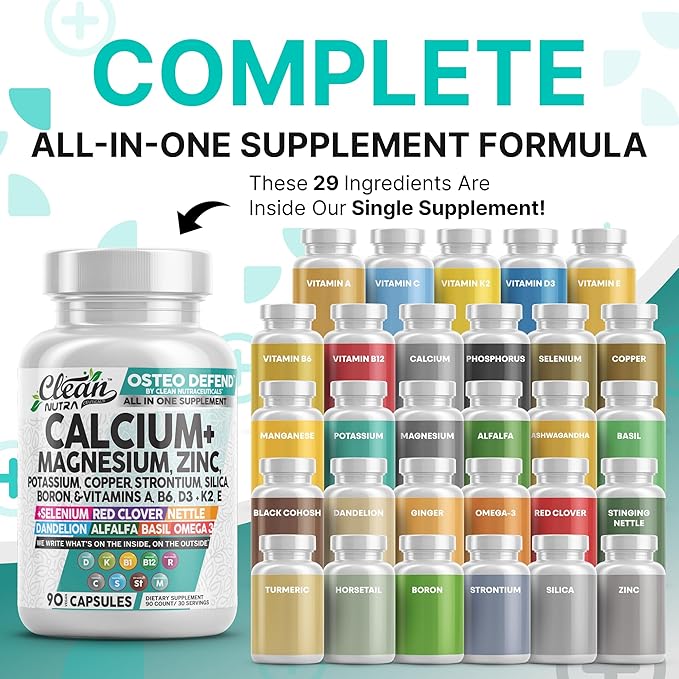 Allin1 Calcium Magnesium Zinc Supplement with Potassium Copper Strontium Silica Vitamin D3 K2 Boron Vitamin B1 B12 Red Clover Herb Alfalfa Basil Pills for Men &amp Women Clean Nutra Osteo Defen