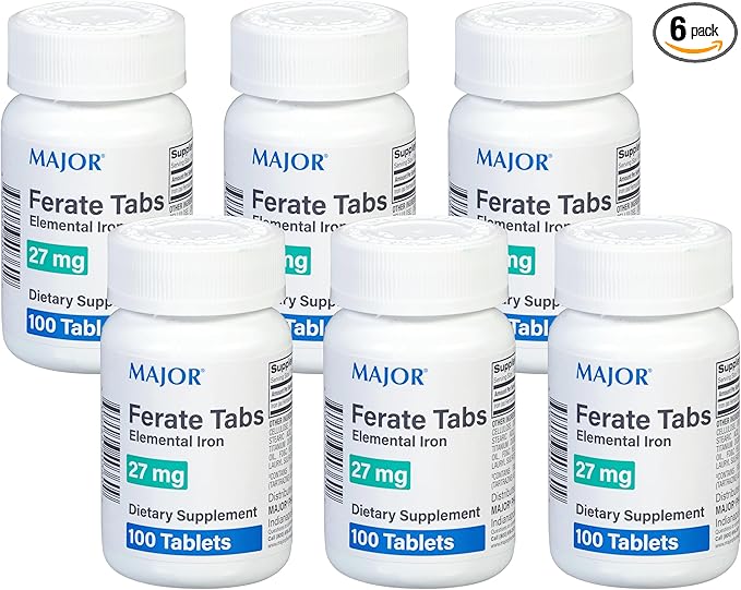 Major 27 mg Ferate Tabs - Ferrous Gluconate Elemental Iron Dietary Supplement - 100 Count (6 Pack)