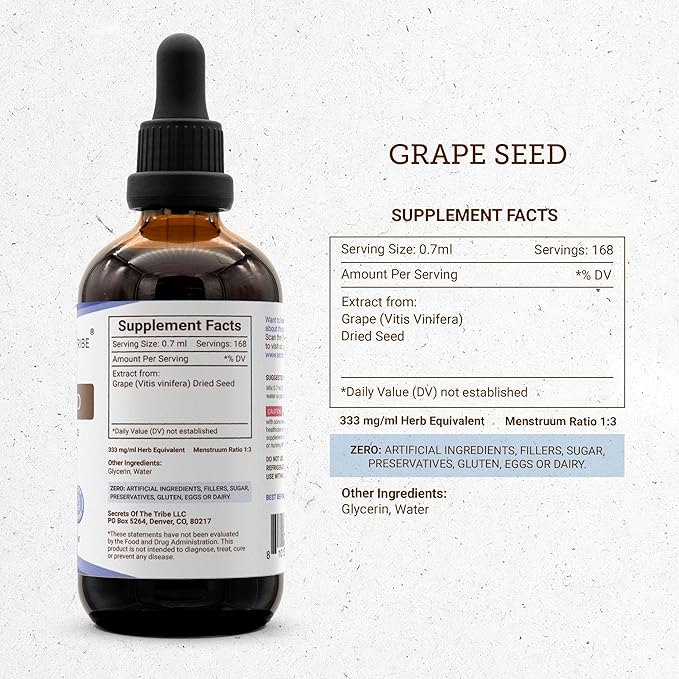Secrets of the Tribe Grape Seed Tincture Alcohol-Free Liquid Extract Grape (Vitis Vinifera) Dried Seed (4 FL OZ)