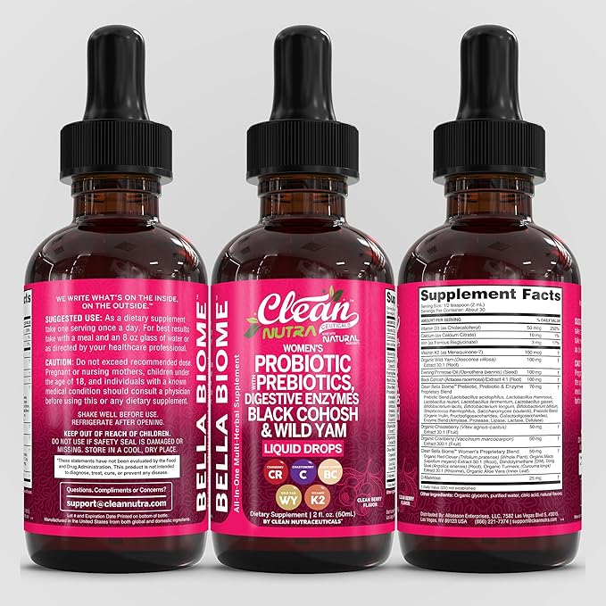 Liquid Probiotics for Women Drops with Chasteberry Black Cohosh Prebiotics Digestive Enzymes Evening Primrose Oil Wild Yam Cranberry Dmannose and Iron Vitamin D3 K2 Clean Nutra Bella Biotics (2)