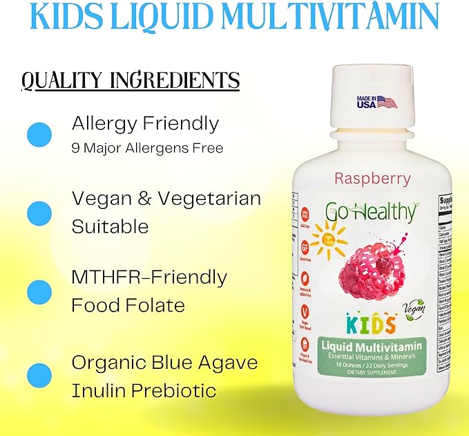 Go Healthy Liquid Multivitamin for Kids 2 Pack Bundle 1 Raspberry Bottle and 1 Peach Mango Bottle