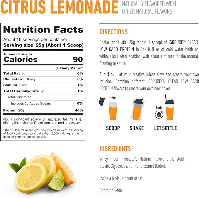 Isopure Clear Whey Isolate Protein Powder Lactose Free Gluten Free Naturally Flavored Citrus Lemonade 20g Protein Per Serving 14.1 Oz 16 Servings (Packaging May Vary)