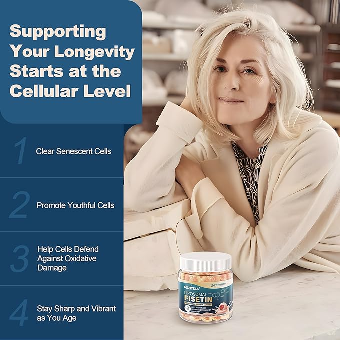Liposomal Fisetin Complex Gummies - Healthy Aging &amp Cellular Renewal Support - 98% Purity Fisetin Supplement w/Trans-Resveratrol Quercetin Luteolin Vitamin C &amp E 1-A-Day Vegan 120 Serving