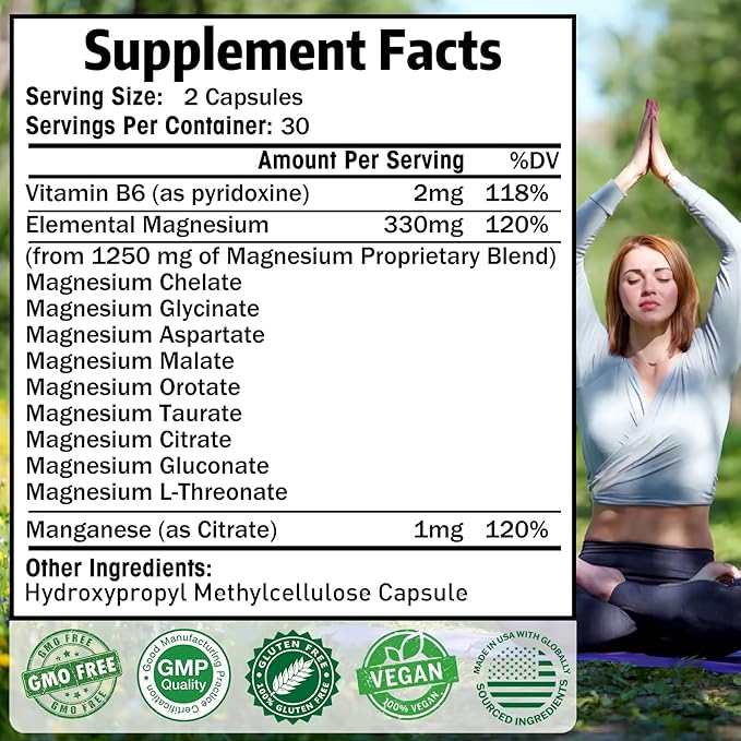 Magnesium Supplement with 9 Forms of High Absorption Magnesium Glycinate L-threonate Citrate Malate and More for Muscle Brain Support Non-GMO Gluten &amp Soy Free 60 Capsules