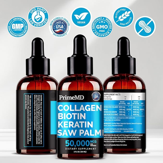 Liquid Collagen Peptides for Women - Serum Complex with Biotin Vitamin Hydrolyzed Keratin Protein and Saw Palmetto - Comprehensive Formula for Hair Skin and Nails Wellness - 2fl oz (Pack of 2)