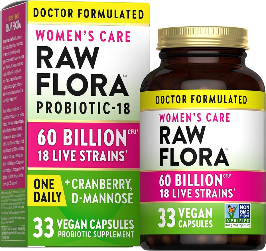 Raw Flora Women's Probiotics | Dr. Formulated 60 Billion CFU + Prebiotics | Digestive Vaginal &amp Urinary Support | 33 Vegan Capsules with Cranberry &amp D-Mannose | Shelf Stable
