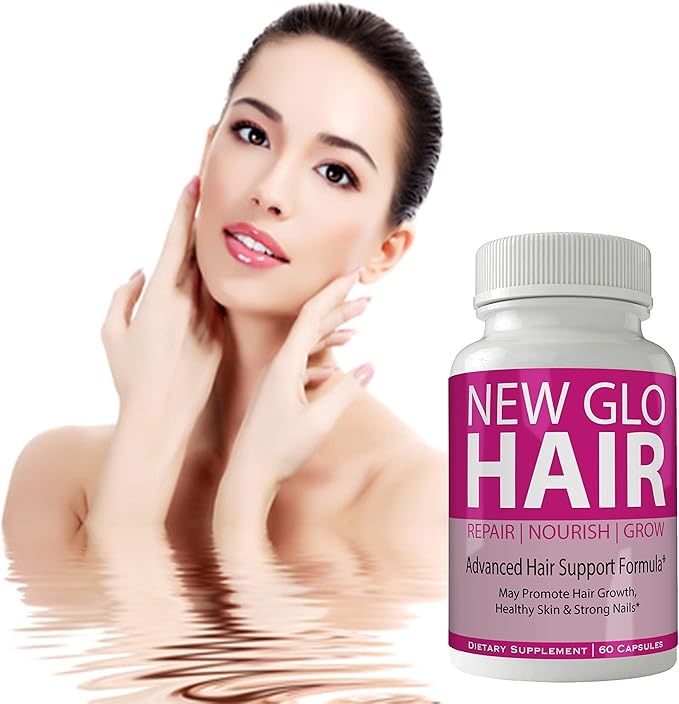 New Glo Hair Skin and Nails Supplement - Advanced Unique Hair Growth Vitamins and Minerals with Biotin - Gluten Free 60 Capsules - Hair Lash Skin and Nails Extra Strength Formula Growth Booster
