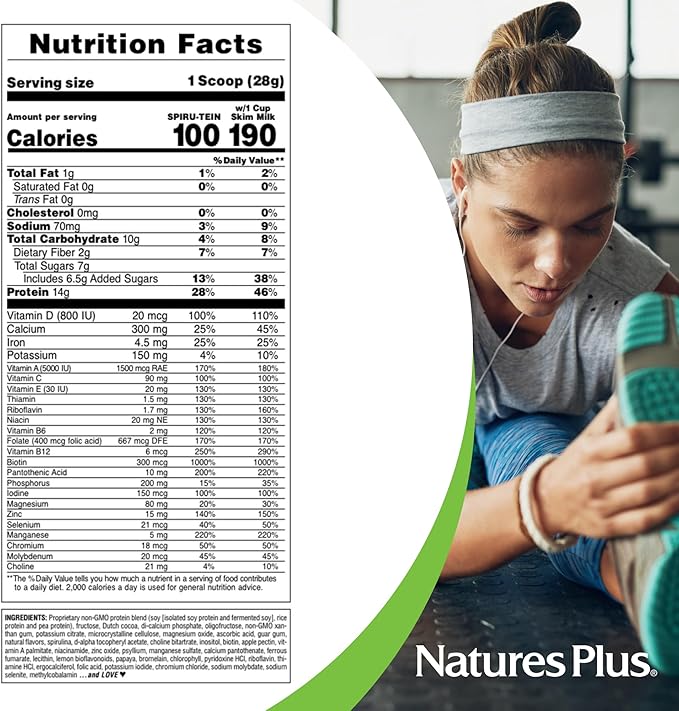 NaturesPlus SPIRU-TEIN Chocolate - 8 Total Packets - Plant-Based Protein Shake - Non-GMO Vegetarian Gluten Free - 8 Total Servings