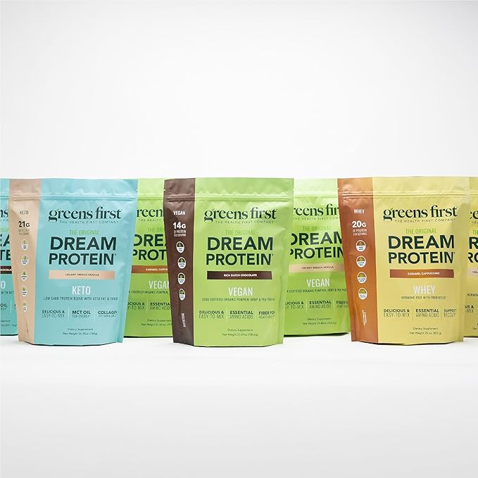 Greens First Dream Protein Powder Keto - 21g Protein Per Serving - Low Carb - with MCT Oil &amp Collagen - Non-GMO Gluten-Free Caffeine-Free (Creamy French Vanilla 26.39 oz)
