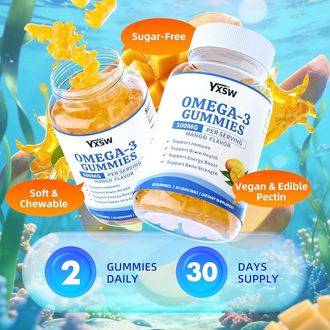 Vegan Omega-3 Gummies 500mg Omega 3 Fish Oil Alternative for Adults with Plant-Based EPA &amp DHA &amp Vitamin A C E for Brain Eye &amp Immune Health Sugar Free Mango Flavor 120 Count