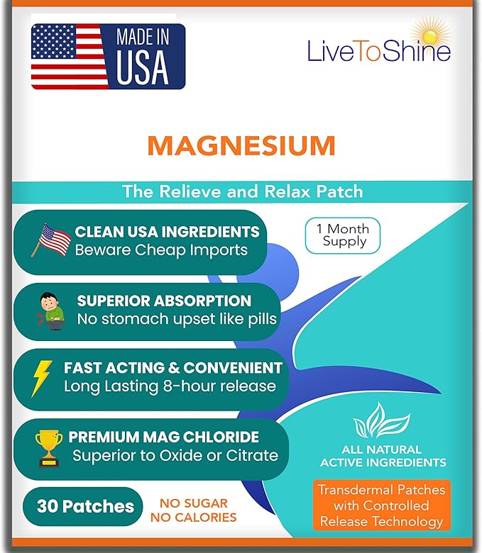 Magnesium Patches for Men and Women - Sleep Support &amp Relaxation Muscle Recovery Nerve Function - USA Made - 30 Premium Fast-Acting Slow-Release Patches - Live To Shine