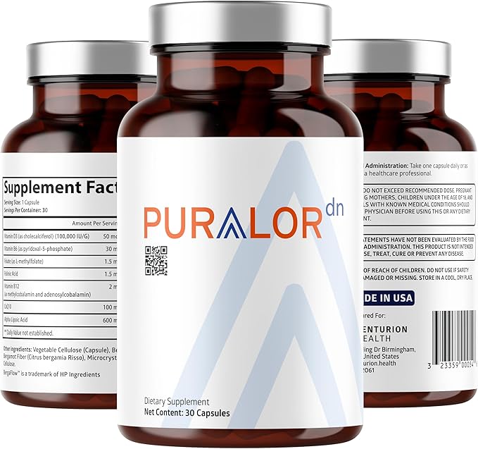 Puralor DN Nerve Support Supplement Advanced Neuropathy Support Supplement with Alpha Lipoic Acid CoQ10 Folate Vitamin B12 and Vitamin D3 Non-GMO Vegan 30 Capsules
