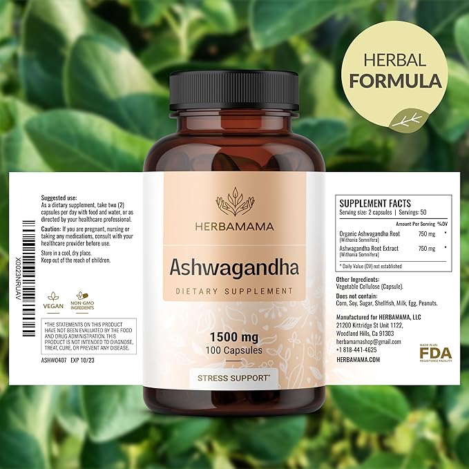 HERBAMAMA Ashwagandha Capsules - 1500mg Pure Ashwagandha Root Focus Supplement - Vegan Non-GMO Mood &amp Calm Support Supplement for Adults 100 Caps