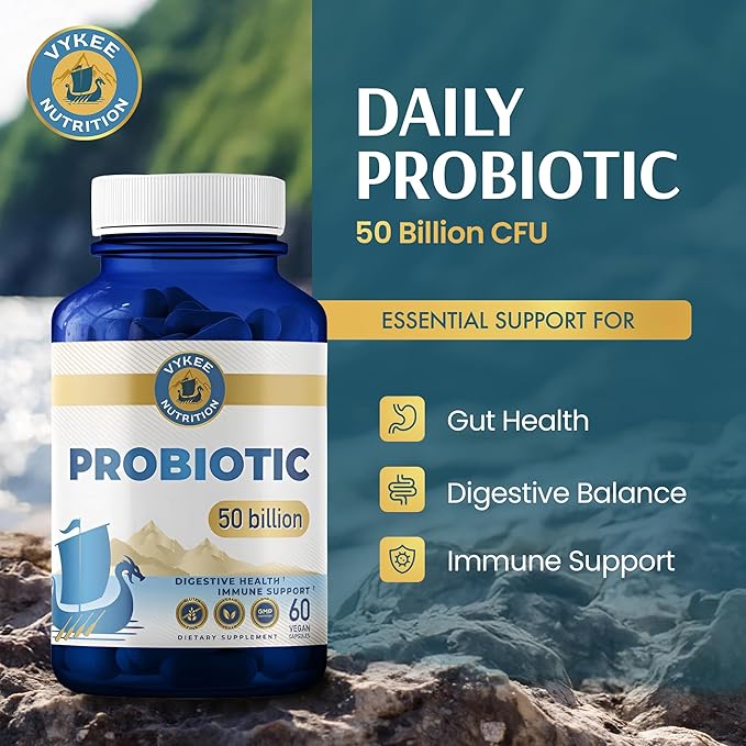 Vykee Nutrition Daily Probiotic Capsules 50 Billion CFU with Prebiotic and 11 Strain Formula for Digestive Support and Wellness - Vegan Non GMO - 60 Capsules