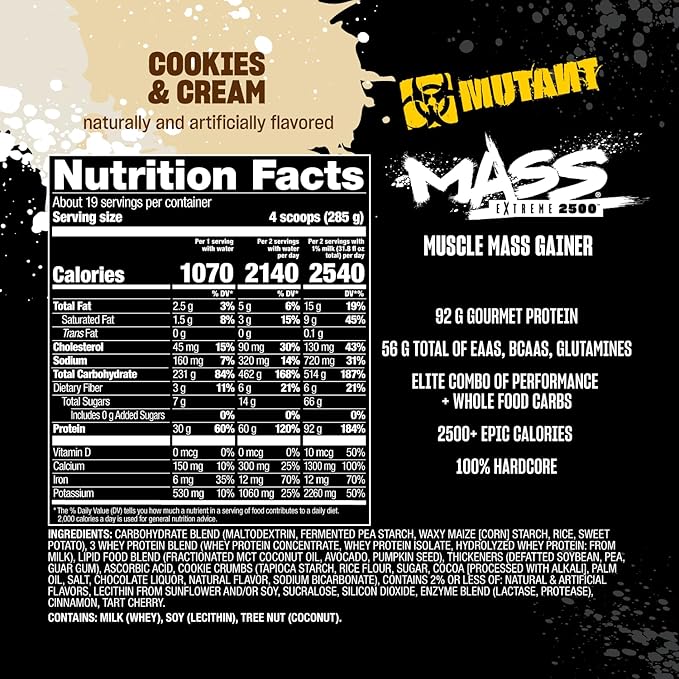 Mutant Mass Extreme 2500 Gainer - Whey Protein Powder with 3-Source Whey Protein Blend &amp Whole Food Carbs - High Calorie Mass Gainer for Muscle Building &amp Weight Gain - Cookies &amp Cream 12
