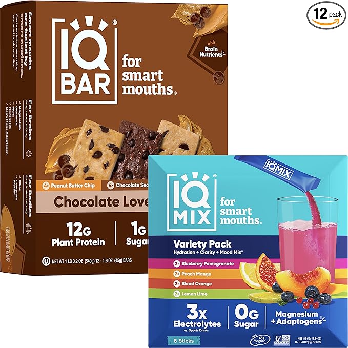 IQBAR Brain and Body Keto Protein Bars - 12 Count Chocolate Lovers Variety Low Carb Vegan Bars &amp IQMIX Sugar Free Electrolyte Powder Packets - 8 Count Sampler Pack Keto Electrolytes with Lions Ma