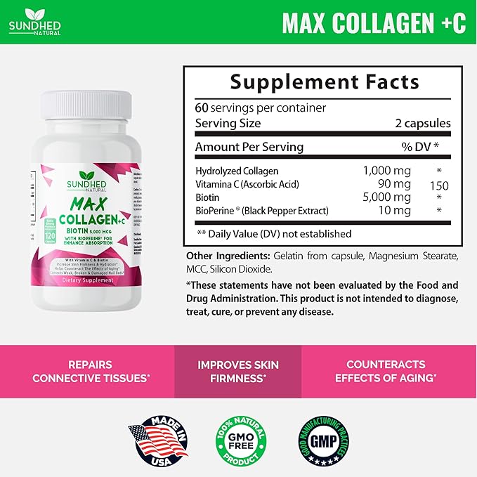 Sundhed Max Collagen Plus C - All Natural Collagen with Biotin &amp Bioperine to Boost Anti Aging Hydration &amp Skin Firmness - Strengthen Bones &amp Nails (Capsules 2-Month) (120 Count)