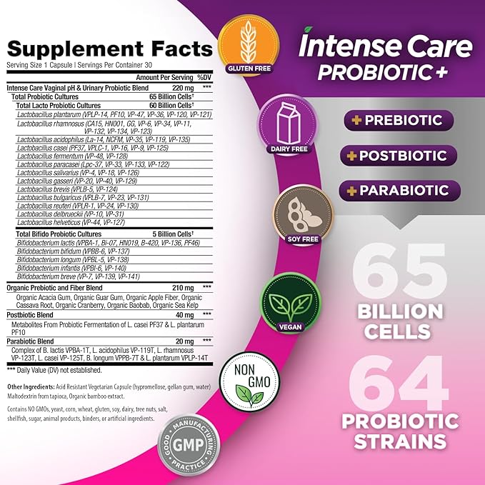 Vital Planet - Intense Care Vaginal pH &amp Urinary Probiotics Prebiotics Postbiotics Parabiotics 4-in-1 Refrigerated Supplement for Adults 65 Billion CFU 64 Strains Digestive and Immune 30 c