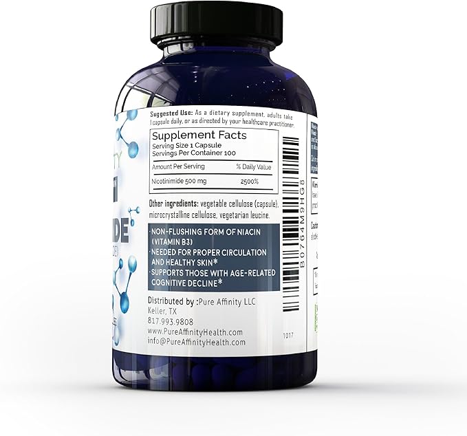 B3 Nicotinamide 500 mg Effective Flush-Free Niacin. Energy Booster Cell Regenerator That Supports Cognitive Decline Anti-Aging and Helps Breaks Down Carbs &amp Fats (100 Count)