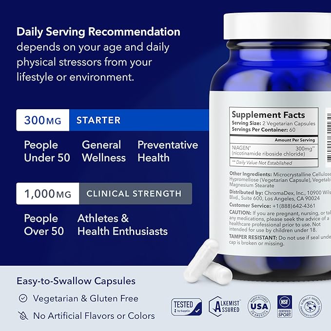 TRU NIAGEN Patented NAD Supplement for Brain Function Anti Aging &amp Cell Regeneration Niagen 60 300mg Servings | Supports Cellular Energy Muscle | Nicotinamide Riboside (NR) Take 2 Daily | 1 Bo