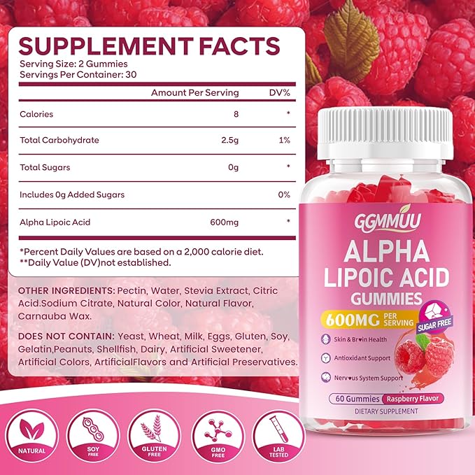 2 Pack Alpha Lipoic Acid Gummies 600mg High Absorption Chewable ALA Supplement for Antioxidant Support Raspberry Flavor Vegan Sugar Free 120 Count