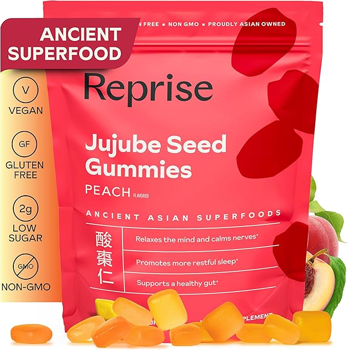 Reprise Jujube Seeds in Daily Gummies 300 mg Full-Spectrum Jujube Seeds Supports Relaxation &amp Restful Sleep 100% Plant Based Vegan &amp Gelatin Free Peach Flavored 45 Gummies