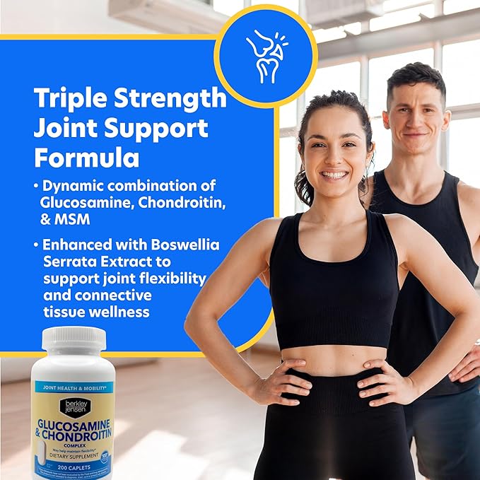 Berkley Jensen Glucosamine Chondroitin MSM Boswellia Complex - Triple Strength Advanced Dietary Supplement for Joints Ligaments Tendons Bones Connective Tissue Support 200 Caplets (Pack of 1)