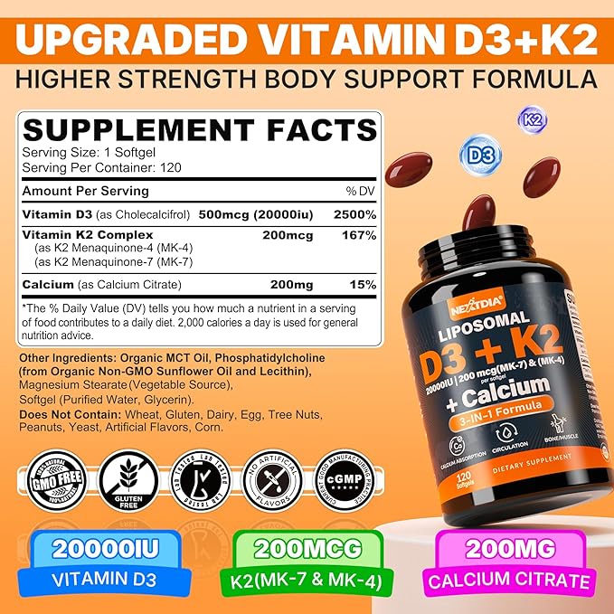 Vitamin D3 20000 IU + K2 Vitamin (MK4 &amp MK7) 200mcg + Calcium Citrate Optimal Vitamin D3 K2 Softgel - Strong Bone &amp Muscle Calcium Absorption Helping Vitamin D Deficiencies Easy to Swallo