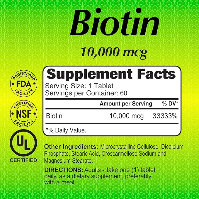 ALFA VITAMINS Biotin 10000 mcg High Potency Vitamin B7 Supplement for Hair Skin &amp Nail Support – 60 Tablets (2-Pack)