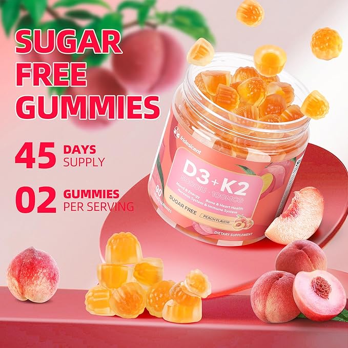 Vitamin D3 K2 Gummies w/Magnesium Sugar Free - 90 Count | D3 Vitamin 5000 IU + K2(MK-7) 100 mcg - Vegan K2 D3 Vitamin Supplement Highly Absorbent Supports Bone Muscle Mood &amp Immune(Peach Flavo