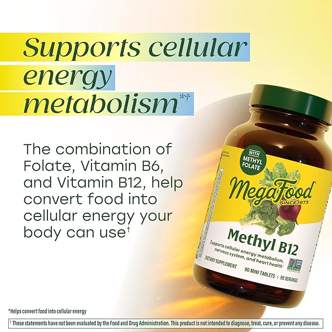 MegaFood Methyl B12 - Vegan - Includes Methyl Folate Vitamin B12 &amp B6 - Supports Cellular Energy Production Nervous System Health &amp Cardiovascular Function - 60 Tablets