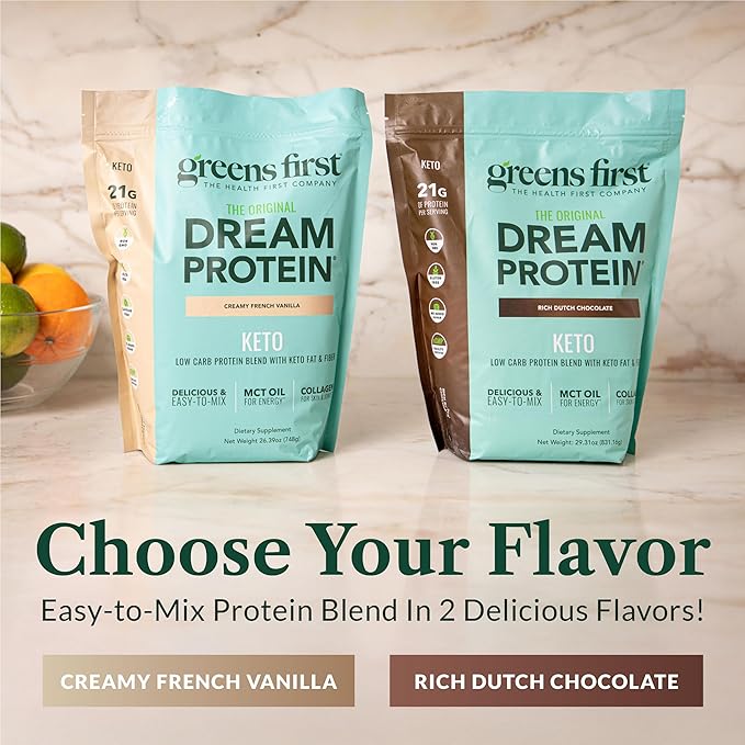 Greens First Dream Protein Powder Keto - 21g Protein Per Serving - Low Carb - with MCT Oil &amp Collagen - Non-GMO Gluten-Free Caffeine-Free (Creamy French Vanilla 26.39 oz)