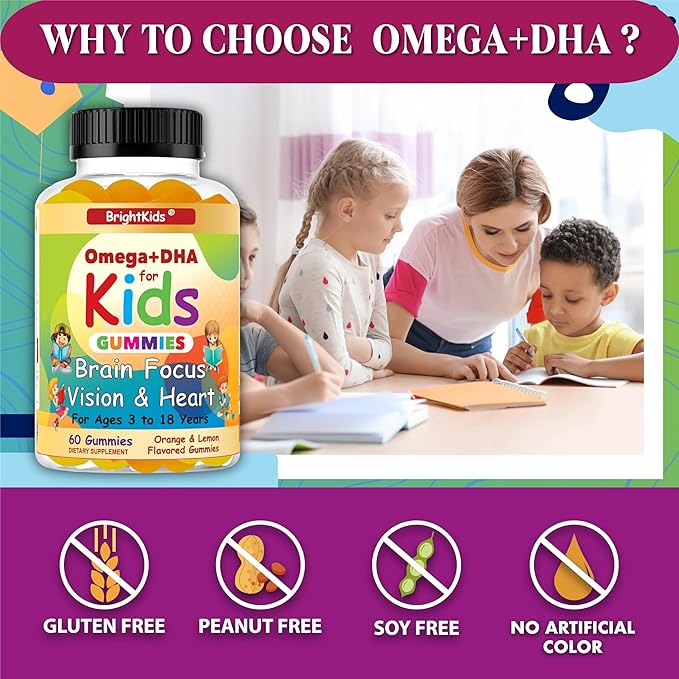 BrightKids Omega 3 Focus Gummies for Kids &amp Teens – Kids Focus and Attention Supplements for Memory &amp Learning – Focus Gummies for Teens Omega DHA Supplement Fruity Flavor (60 Gummies)