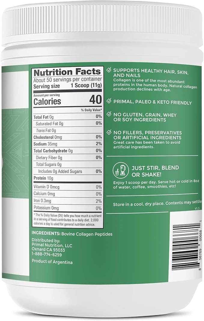 Primal Kitchen Collagen Peptides Unflavored Collagen Powder 1.2 Pounds &amp Amazing Grass Super Greens Booster: Greens Powder Smoothie Mix with Spirulina Moringa Wheat Grass