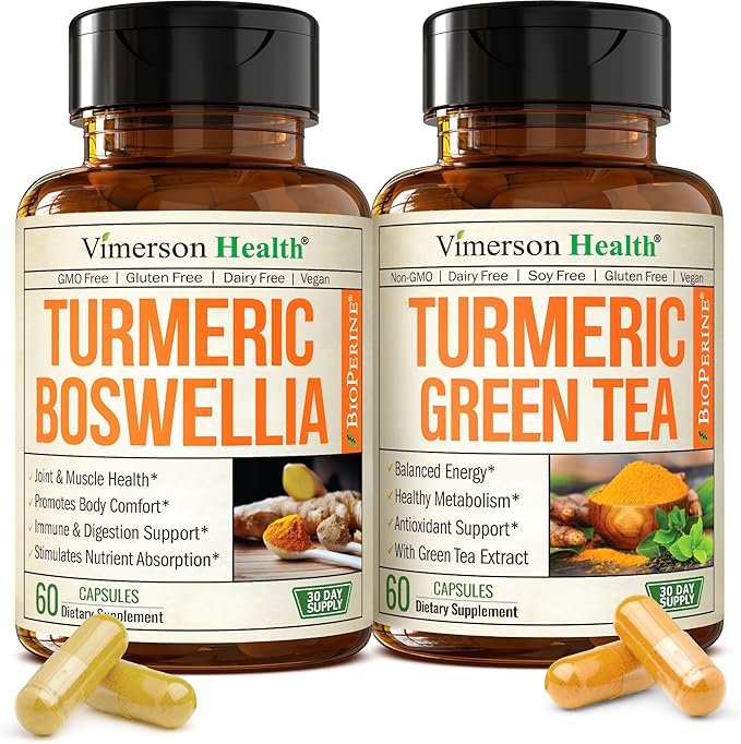 Boswellia Turmeric Curcumin Supplement + Turmeric Green Tea Bundle – Supports Joint Health Energy &amp Inflammation Balance – with Ginger Root Tumeric Powder Green Tea Extract (ECGC) &amp Vitamin